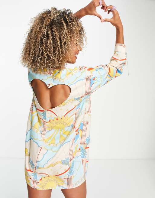 Native Youth - Mini-smockjurk met lange mouwen, vintage print en hartvormige uitsnijding op de rug
