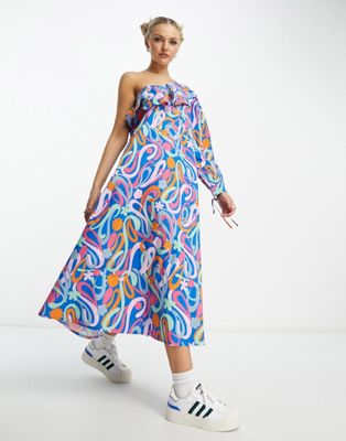 Native Youth one-shoulder paint print midaxi dress in blue multi