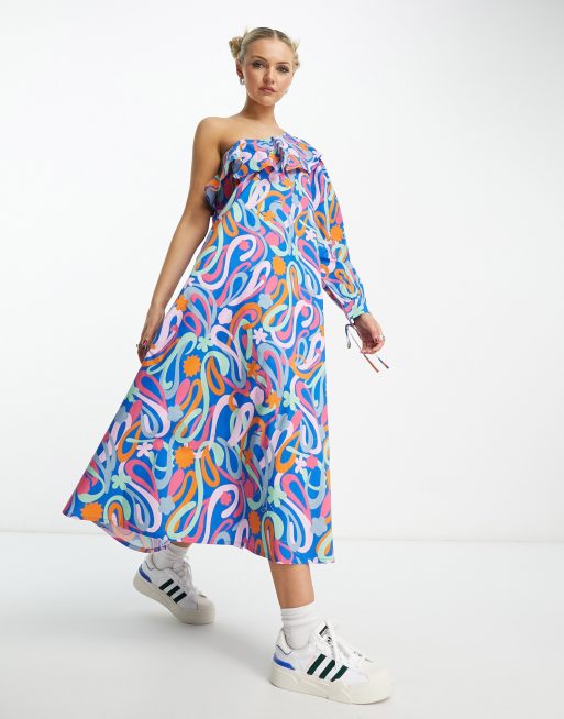 Native Youth one-shoulder paint print midaxi dress in blue multi