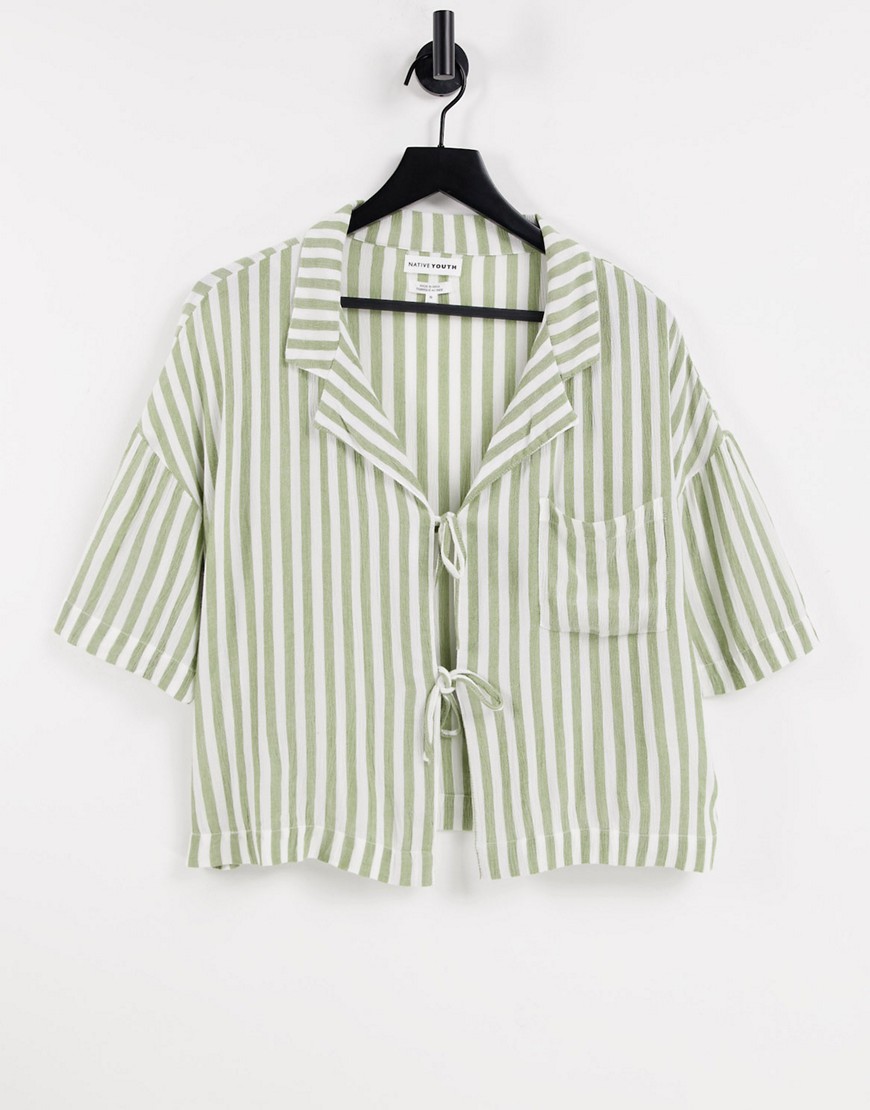 Native Youth open tie front holiday shirt in stripe-Green