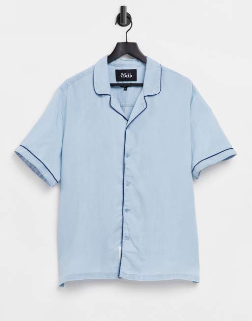 Native Youth - Overhemd met korte mouwen en Cubaanse kraag in blauw