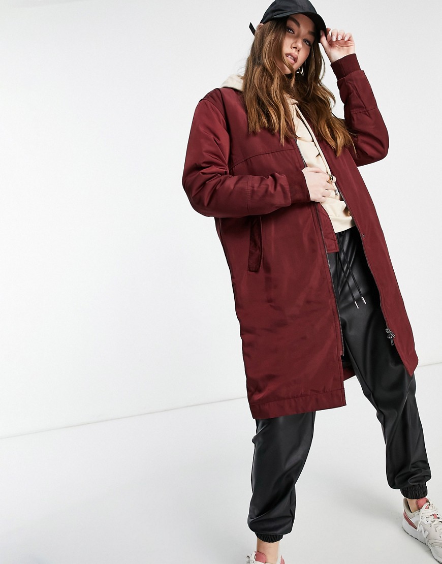 Native Youth oversize longline bomber jacket in burgundy-Red