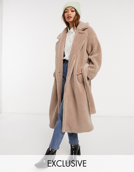 Native Youth oversized belted coat in teddy
