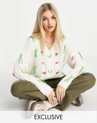 Native Youth Native Youth oversized cardigan with contrast neon stitching in cable knit-White