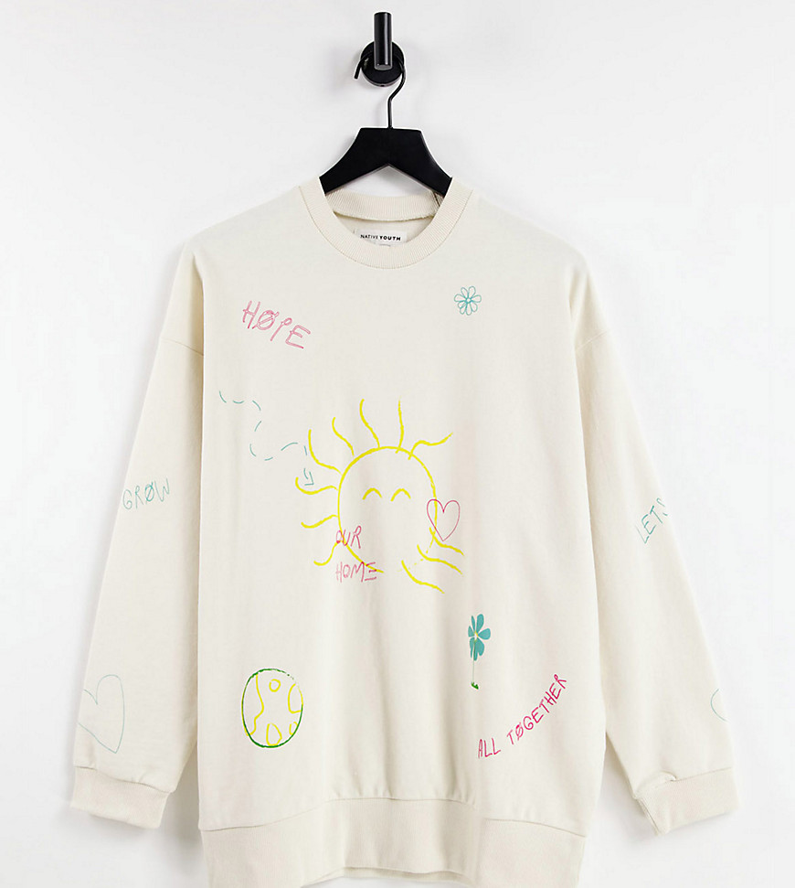 Native Youth oversized cocoon sweatshirt with positive doodles print-White