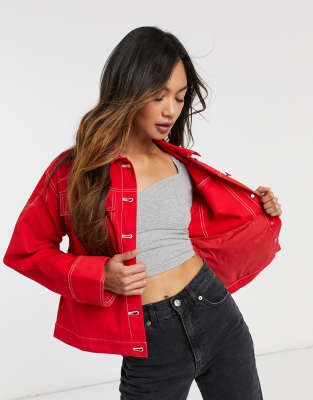 red oversized denim jacket