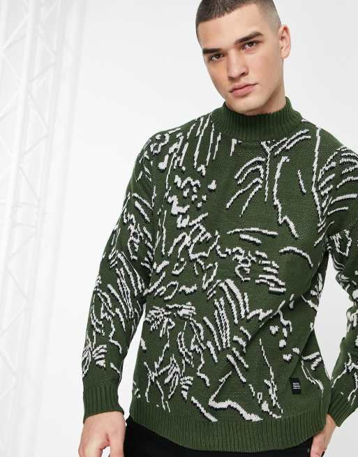 Oversized Fit Jacquard-knit Sweater - Green/leopard print - Men