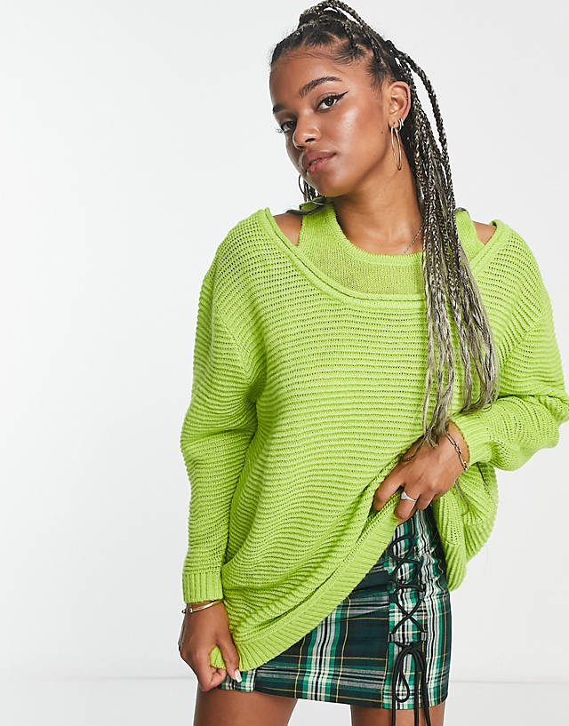 Native Youth - oversized jumper with double neckline in green