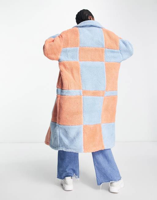 Native Youth oversized longline coat in checkerboard shearling, 2 of 4