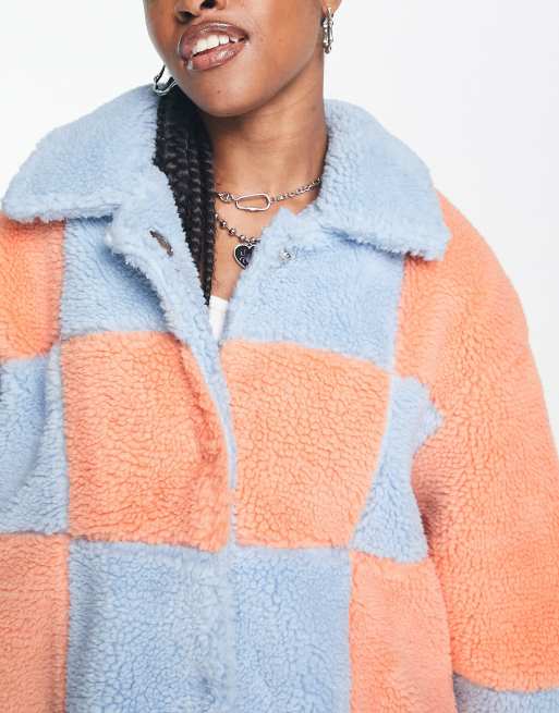 Native Youth oversized longline coat in checkerboard shearling, 3 of 4