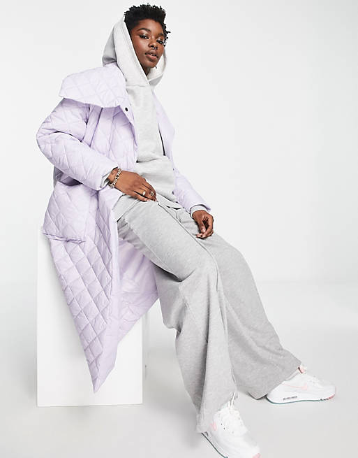 Native Youth oversized longline coat in lilac diamond quilting