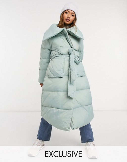 Native Youth oversized longline puffer coat with belt and collar detail