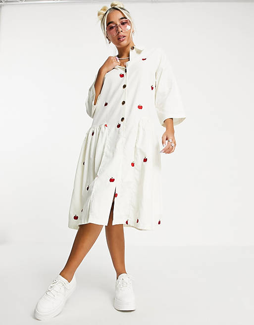 Dresses Native Youth oversized midi smock dress with apple embroidery in cord 
