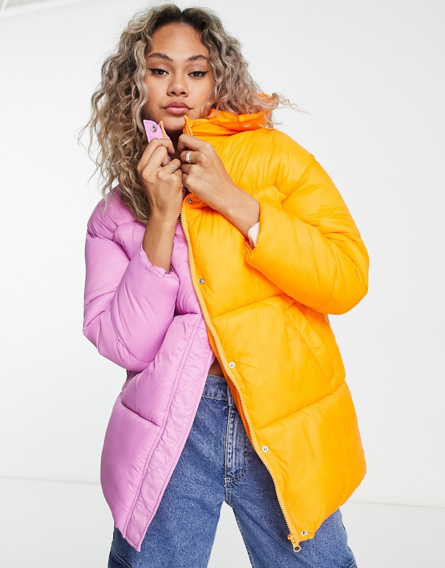 oversized padded jacket in color block-Multi