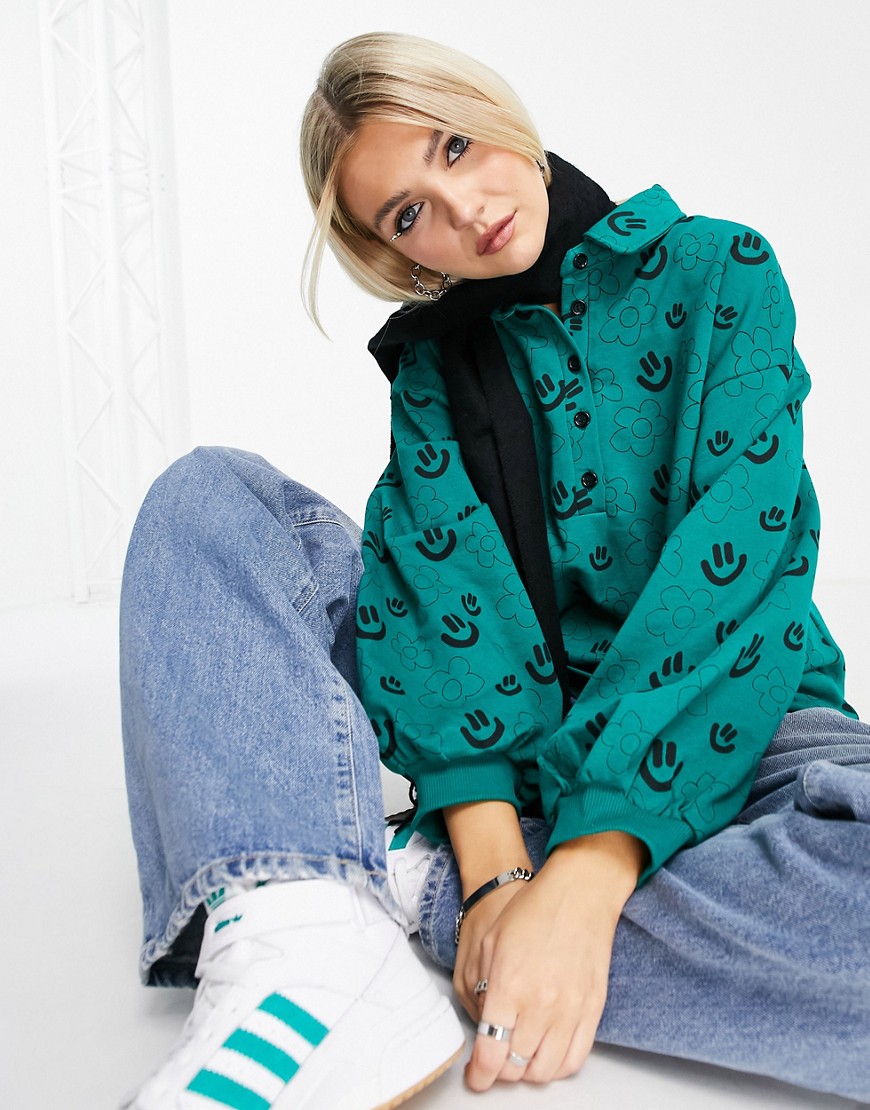 Native Youth oversized polo sweatshirt in illustration print-Green