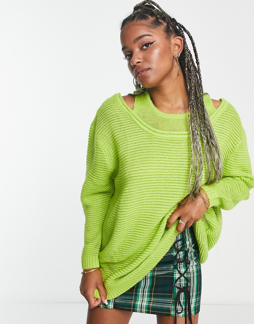 Native Youth Oversized Sweater With Double Neckline In Green