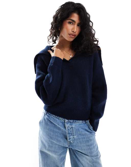 Native Youth - Oversized trui met kraagdetail in marineblauw