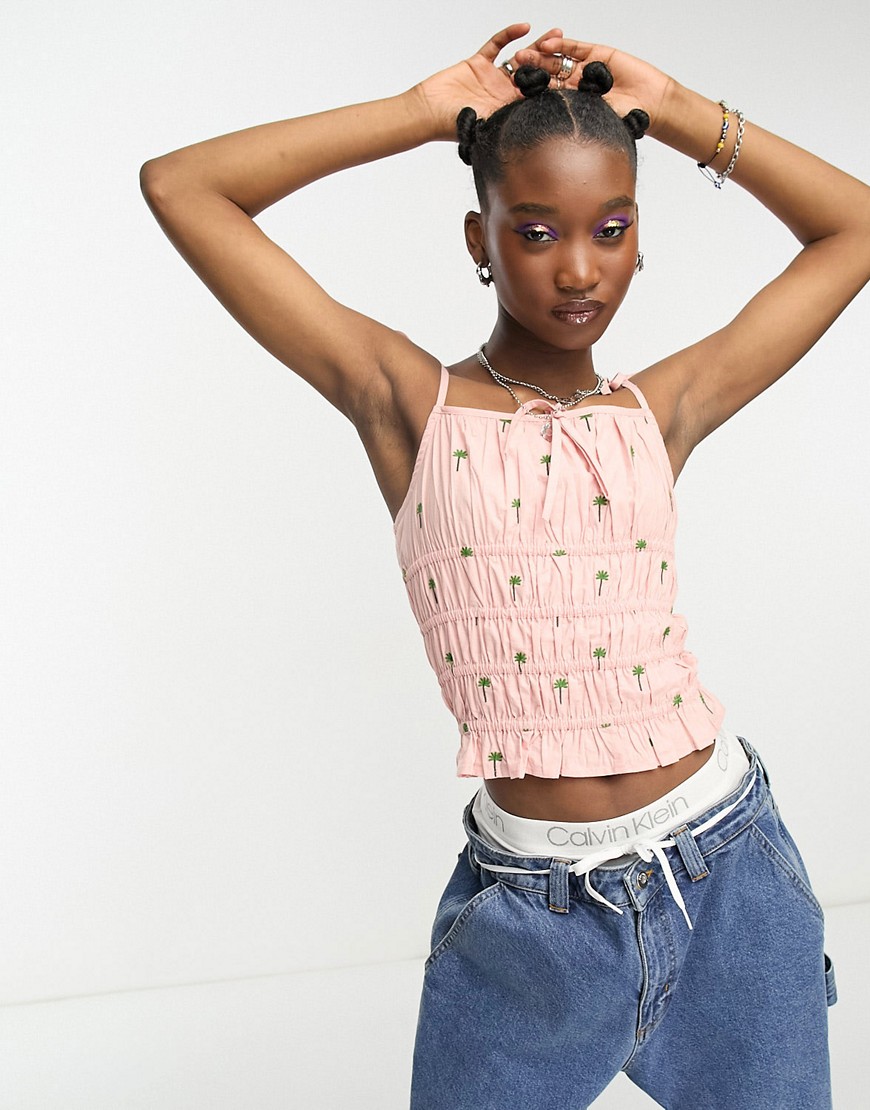 Native Youth palm tree shirred embroidered cami top in pink