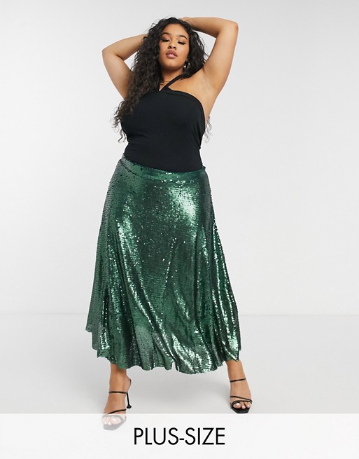 Native Youth Plus a line midi skirt in green sequin