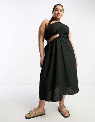 Native Youth Plus asymmetric strap linen midaxi dress in black - ASOS Price Checker