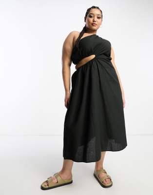 Native Youth Plus Asymmetric Strap Linen Midaxi Dress In Black