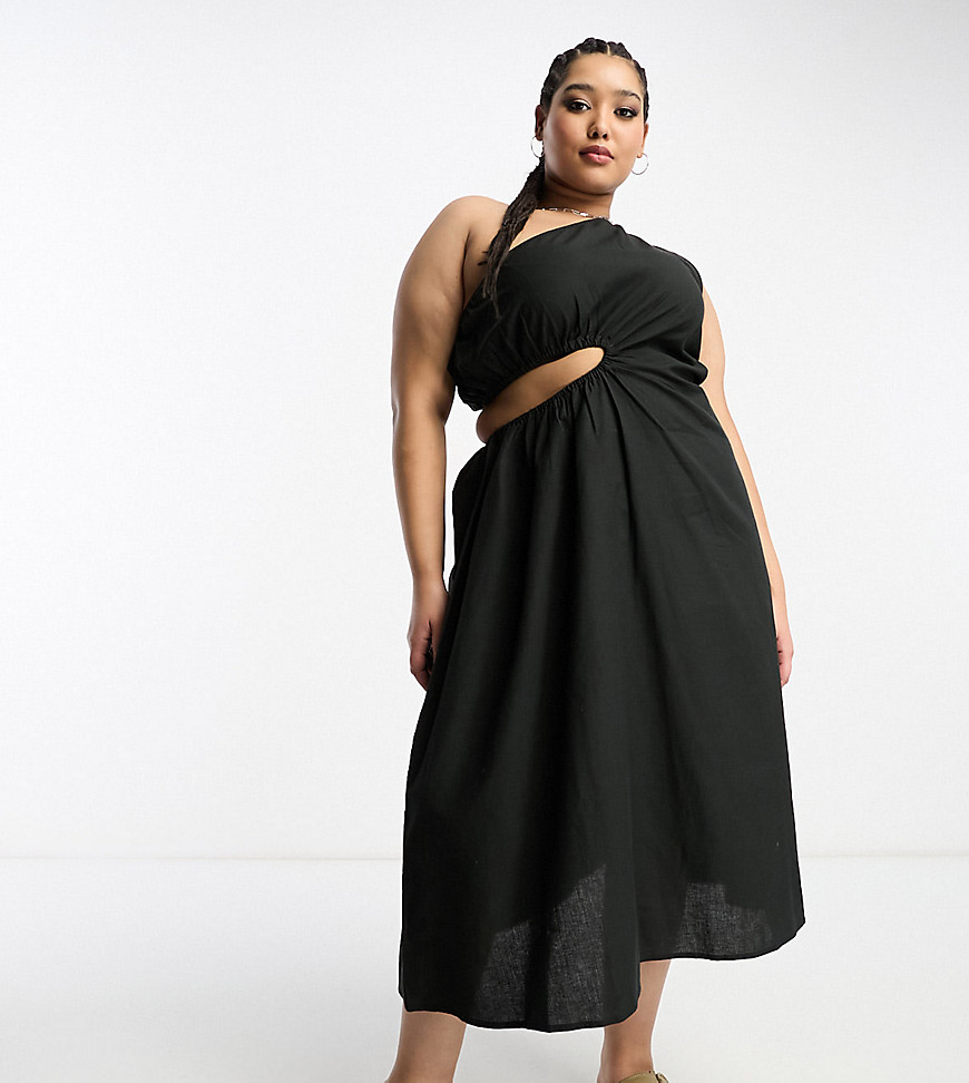 Native Youth Plus asymmetric strap linen midaxi dress in black