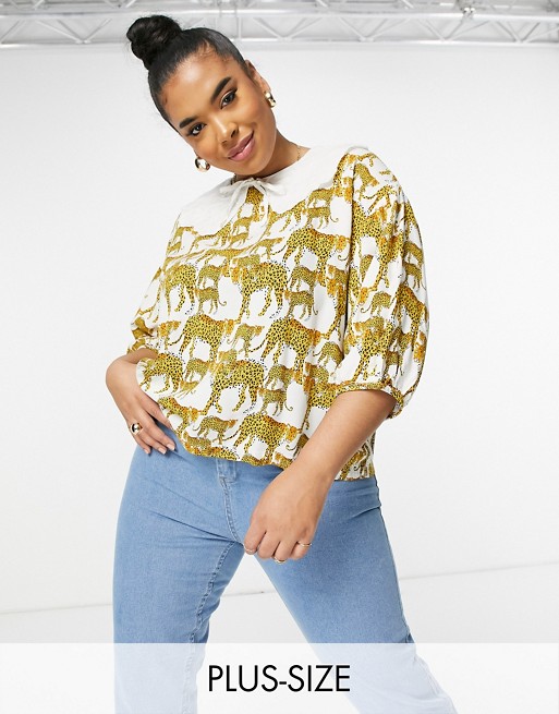 Native Youth Plus balloon sleeve blouse with lace collar in leopard print