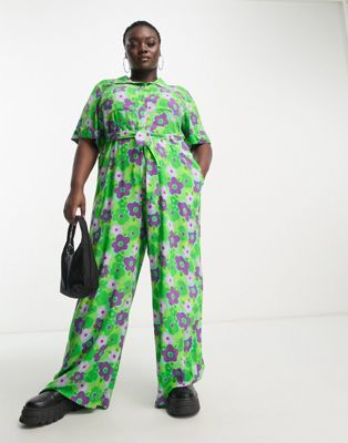 Native Youth Plus bold floral belted boilersuit in green and purple