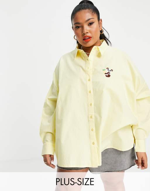 Native Youth Plus – Boyfriend-Hemd mit Panda-Stickerei in Zitronengelb