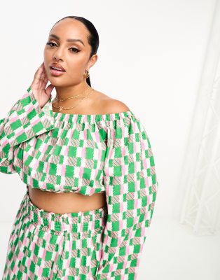 Native Youth Plus cotton geo print bell sleeve bralet top in green (part of a set)