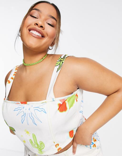 Native Youth Plus denim corset top with contrast stitching in mix print (part of a set), 4 of 4