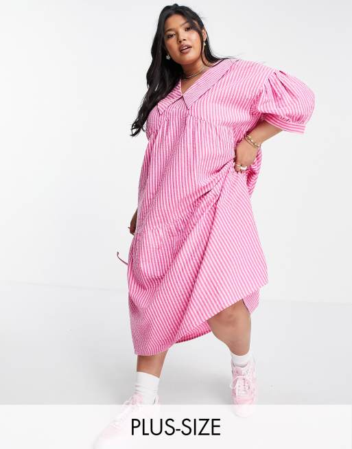 Native Youth Plus – Hängerkleid in Neonrosa gestreift mit Kragen
