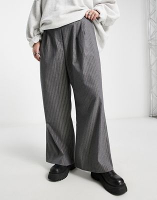 Native Youth Plus high waist wide leg trousers in grey pinstripe co-ord