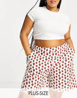 Native Youth Plus high waisted shorts with scalloped hem in strawberry print co-ord