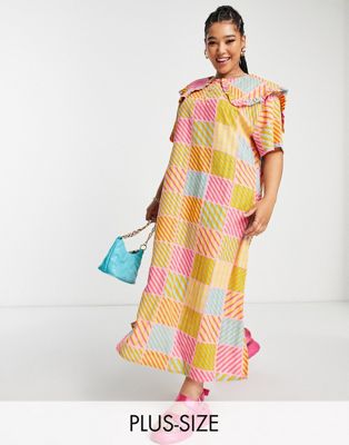 Native Youth Plus maxi dress with pleated collar in textured check