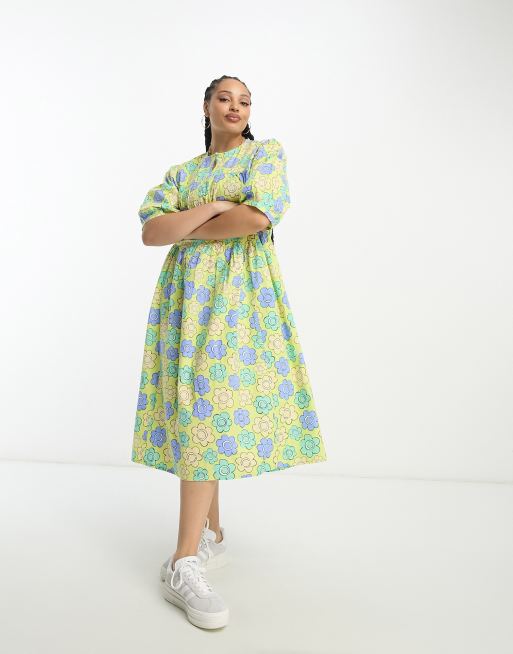 Native Youth Plus - Midikjole med multifarvet marguerit-print i bomuld