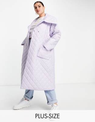 Native Youth Plus Oversized Longline Coat In Diamond Quiltingpurple