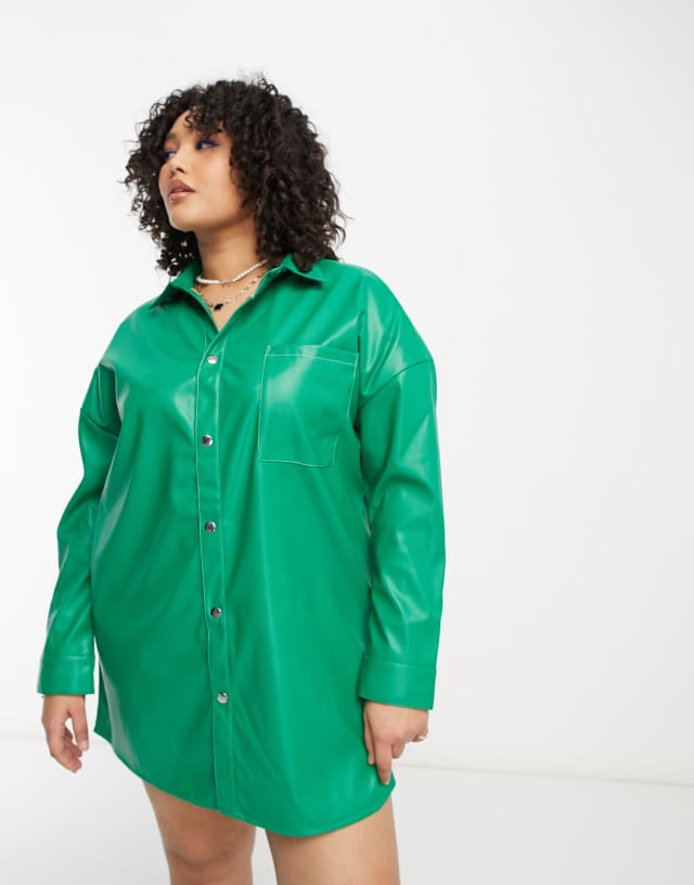 Native Youth Plus PU mini shirt dress in green with contrast stitch