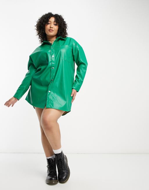 Native Youth Plus PU mini shirt dress in green with contrast stitch, 4 of 4