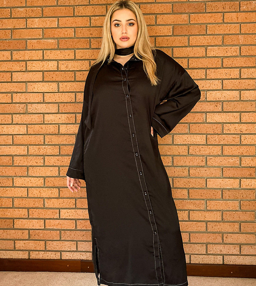 Native Youth Plus relaxed button up maxi dress in black high shine satin with contrast stitching
