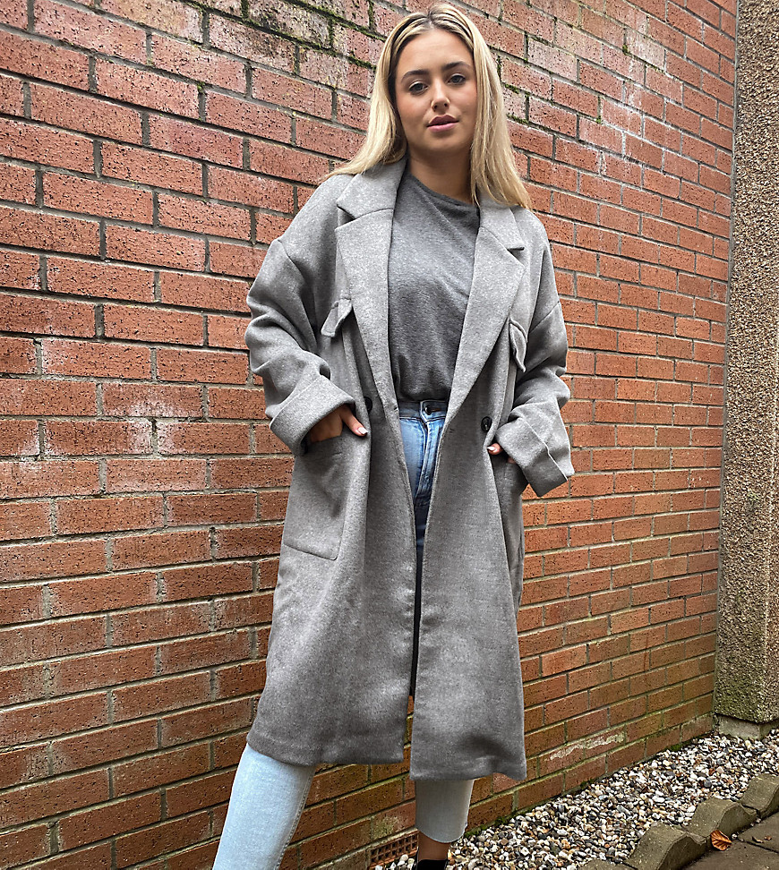 Native Youth Plus relaxed long line coat with patch pockets-Grey