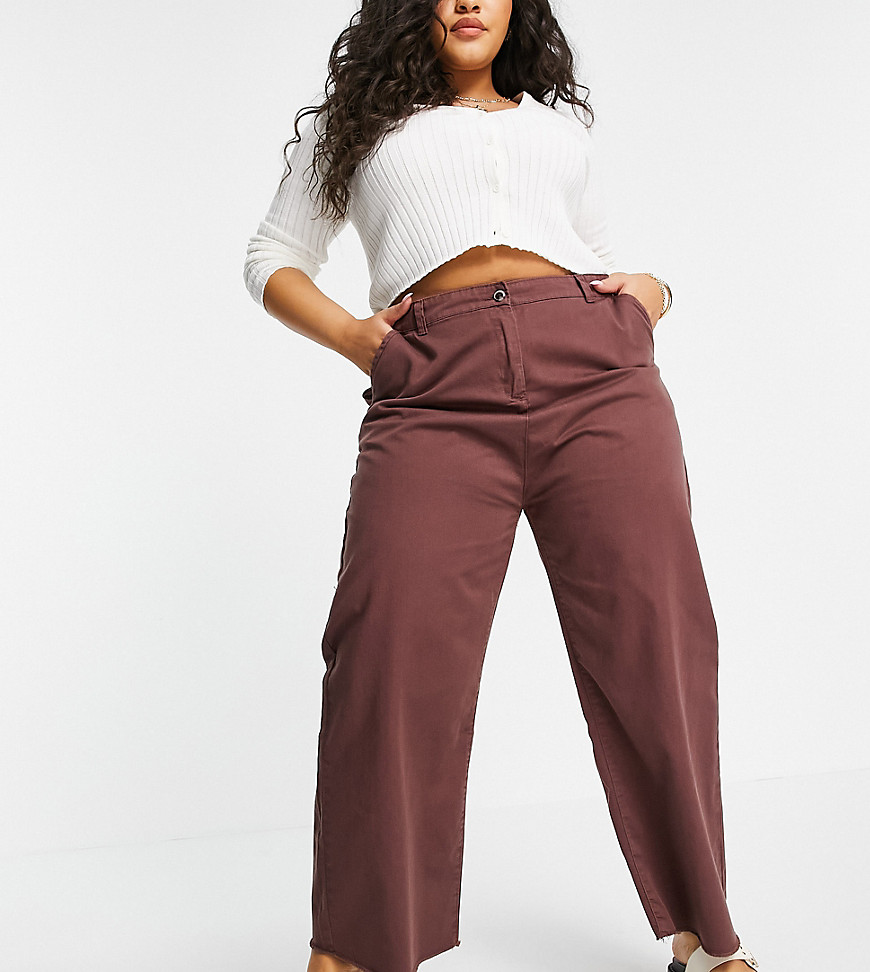 Native Youth Plus relaxed wide leg jeans in frayed chocolate-Brown
