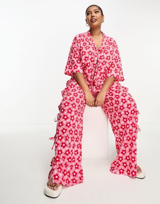 Native Youth Plus retro floral print wide leg tie detail trousers co-ord in red