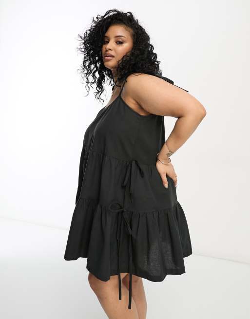 Native Youth Plus tie-detail mini linen smock dress in black, 4 of 4