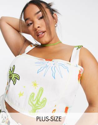 Native Youth Plus - Top a corsetto in denim con stampa mista e cuciture a contrasto in coordinato