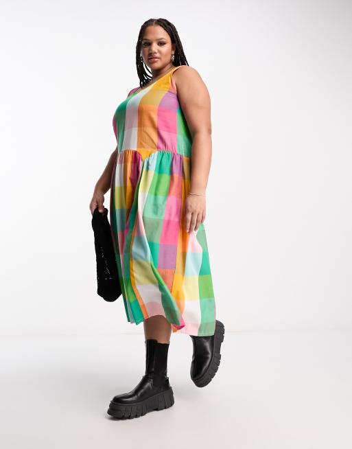 Native Youth Plus - Vestito a trapezio con gonna al polpaccio multicolore a quadretti oversize