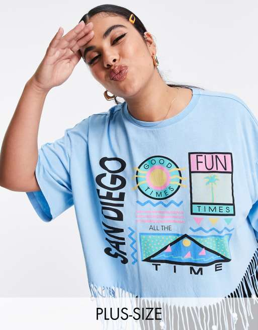 Native Youth Plus - Vintage souvenir T-shirt met franjes met kralen langs de zoom