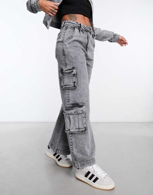 Petite Grey Mid Rise Pocket Detail Cargo Pant