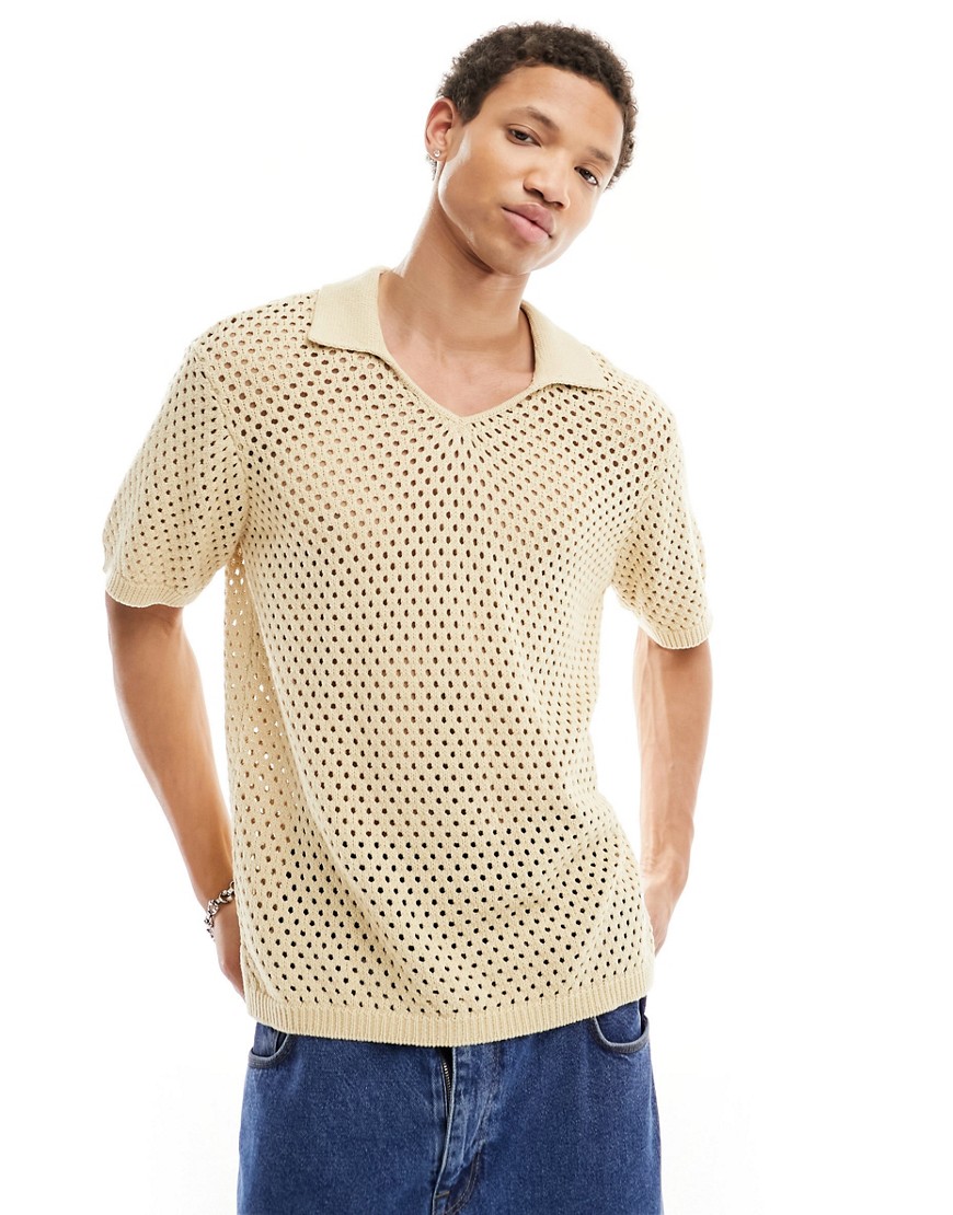 Native Youth pointelle cotton knitted polo top in beige-Brown