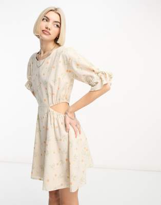 Native Youth Native Youth printed seersucker cut-out detail mini dress in ecru-White